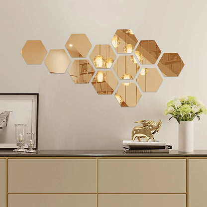 12 Pcs Decorative Gold Hexagon Acrylic Mirror Set (4X4 Inch)