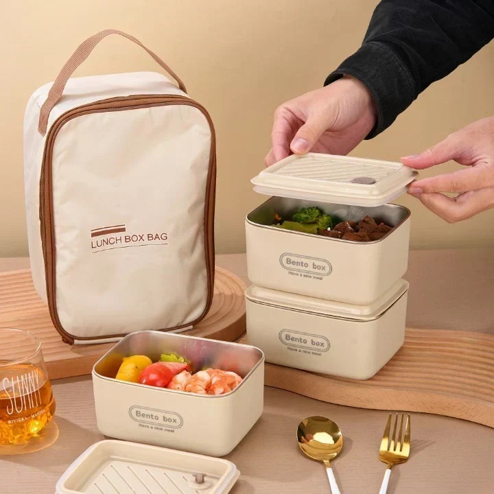 3Pcs Stainless Steel Food Containers – Insulated Lunch Boxes with Thermal Bag