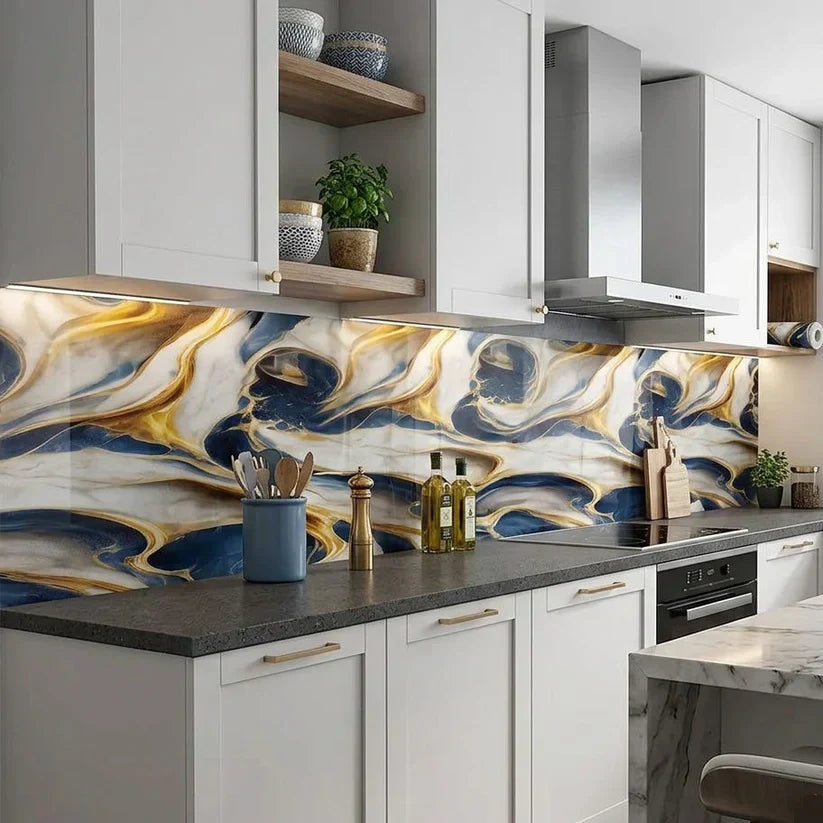 Blue & Golden Marble Peel and Stick Wallpaper Roll (60cm x 2m)
