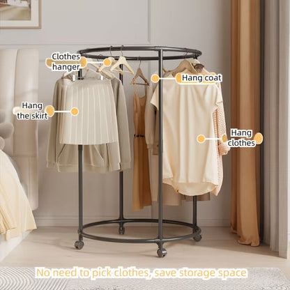 Round Metal Clothes Rack with Wheels – 360° Rotating Garment Stand