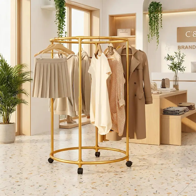 Round Metal Clothes Rack with Wheels – 360° Rotating Garment Stand