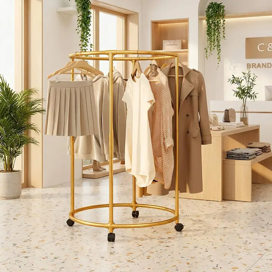Round Metal Clothes Rack with Wheels – 360° Rotating Garment Stand