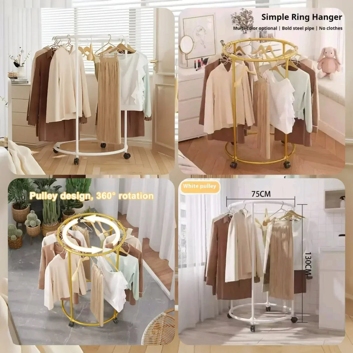 Round Metal Clothes Rack with Wheels – 360° Rotating Garment Stand
