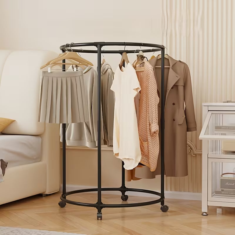 Round Metal Clothes Rack with Wheels – 360° Rotating Garment Stand
